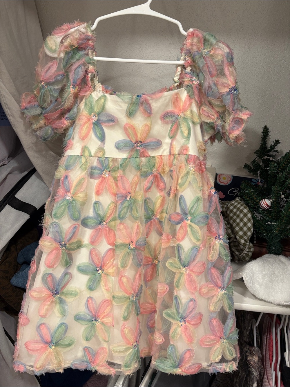 Girls' Cream Dress with Pastel Floral Appliqués